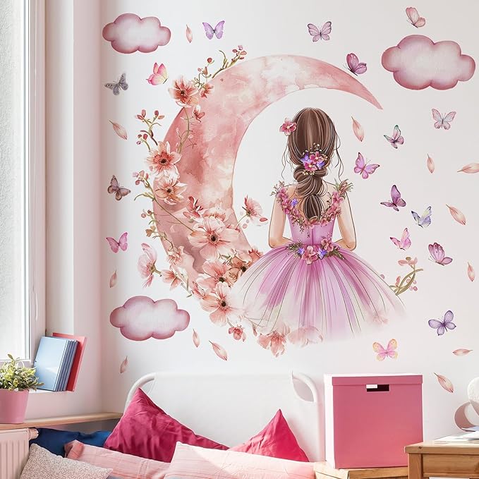 2 Sheets Pink Butterfly Girl Wall Decal - Removable DIY Moon Cloud Wall Decal Vinyl Pink Flower Princess Room Art for Girls Baby Nursery Bedroom Living Room Bathroom Classroom Decoration