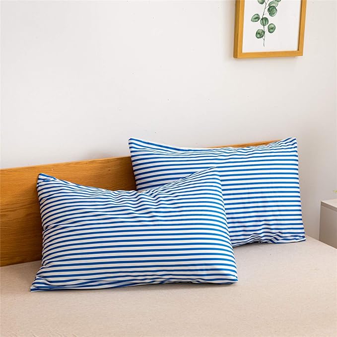 JELLYMONI 100% Natural Cotton 2pcs Striped Duvet Cover Sets,White Duvet Cover with Blue Stripes Pattern Printed Comforter Cover,with Zipper Closure & Corner Ties(Twin Size)