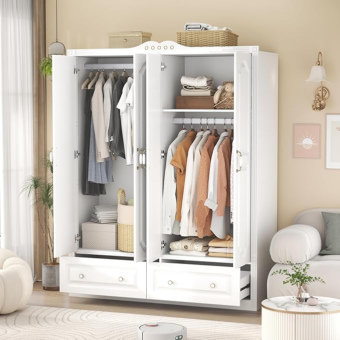 Wardrobe Closet for Hanging Clothes: Armoire Wardrobe Closet with Drawers, Bedroom Armoires with Doors and Shelves, Modern Clothing Cabinet with Hanging Rod (White, 59")