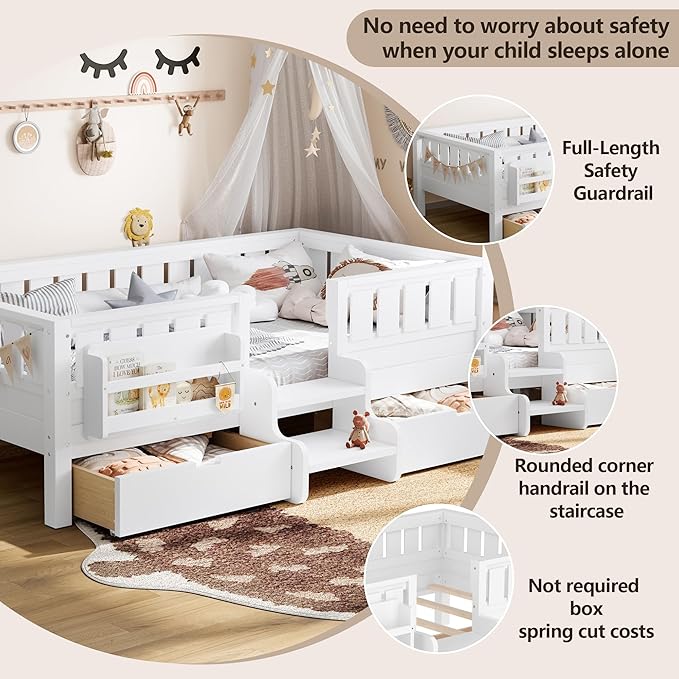 Bellemave Twin Bed with Slats and Stairs, Twin Size Platform Bed Frame with Fence, Bookshelf and Storage Drawers, Easy Assemble Beds for Kids, Girls, Boys, White