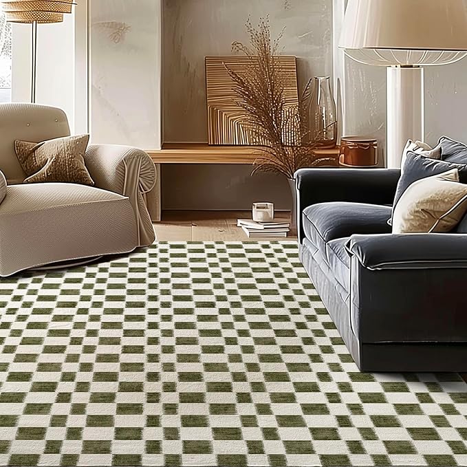 EverGrace Checkered Plaid Area Rug 6x9, Soft Fuzzy Faux Wool Rugs Washable Anti Slip Rugs Large Rug Carpet for Entryway Bedroom Living Room Hallway Kitchen Dining Room and Laundry Room, Olive Green