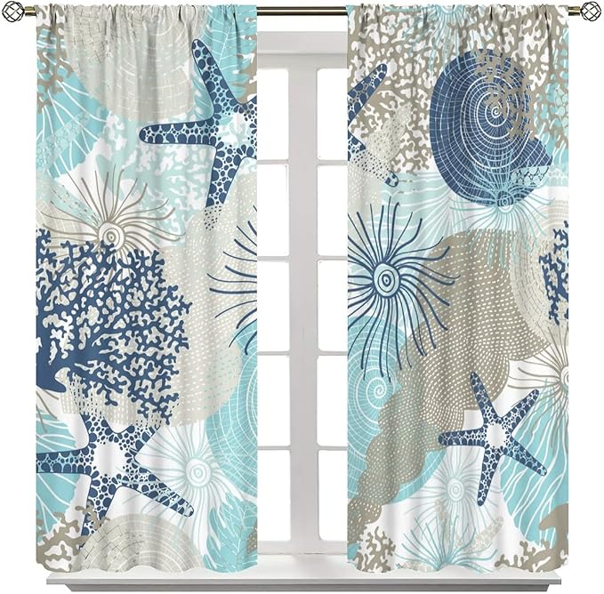 Coastal Curtains Ocean Beach Themed Room Darkening Window Curtain Nautical Coral Blackout Curtain for Bedroom Living Room Bathroom Nursery Set 2 Panels,42x63 Inches