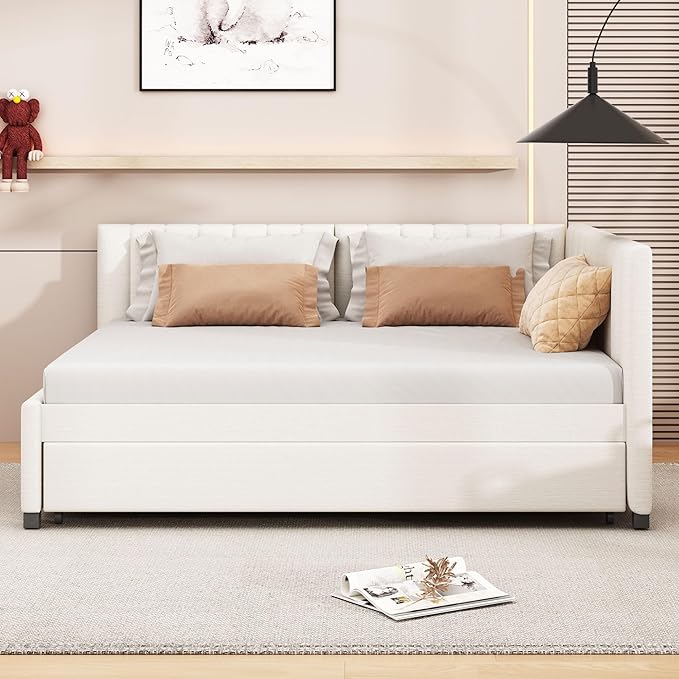 Harper & Bright Designs Full Size Upholstered Daybed with Trundle Sofa Bed Frame for Boys Girls Kids Adults Toddler No Box Spring Needed, Linen Fabric(Beige)
