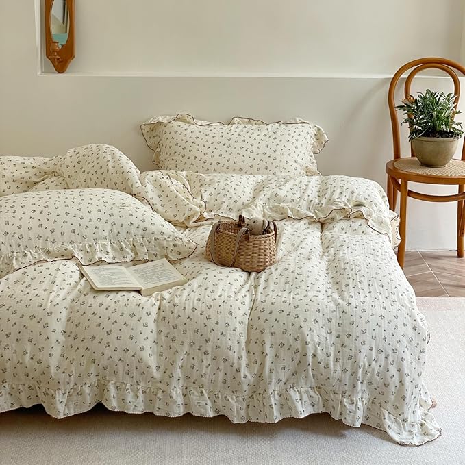 AOJIM Cotton Muslin Duvet Cover with Ruffled Edges for Kids Adults, 1 Piece Super Soft Comforter Cover 79X90'', Rose Pattern Aesthetic Bedding Duvet Cover for Room Decor, Machine Washable, No Quilt