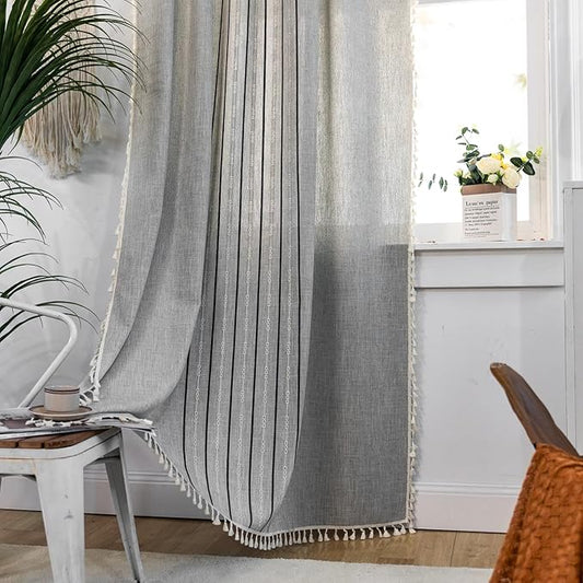 Deeprove Boho Style Curtains 84 inches Long, Vintage Bohemian Embroidery Striped Farmhouse Cotton Linen Fringe Window Treatments Bedroom Nursery Decor, W52 x L84, 1 Panel Dusty Grey and Stone Blue