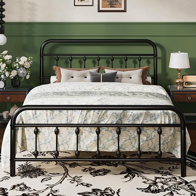 SHA CERLIN Queen Size Metal Platform Bed Frame with Victorian Style Iron-Art Headboard and Footboard, Easy Assembly, Under Bed Storage, No Box Spring Required, Black