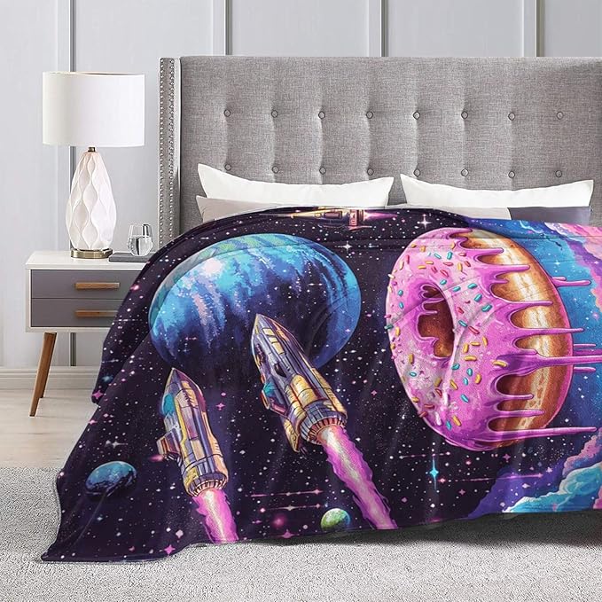 Donut Blanket Space Donut Decor Throw Blanket Super Soft Flannel Lightweight Fluffy Plush Cozy Fuzzy Fleece Food Blanket Gifts for Girl Boys Woman Man Kids Adults for Bed Sofa Couch 60"X80"
