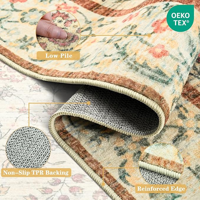 Rugs for Bedroom Living Room, Beige Washable Floral Area Rug 4x6, Soft Low Pile Thin Indoor Non Slip Carpet for Kitchen Dining Room, Boho Throw Carpets for Kids Nursery Playroom Dorm Home Decor