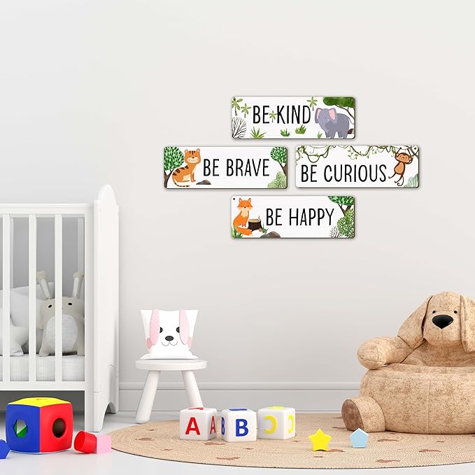 Woodland Nursery Decor, Jungle Safari Animals Boysroom Wall Sign Art, Motivational Bedroom Decorations for Kids Boys, 4 Pieces Wood Sign, 3.9x11.8 In-A01