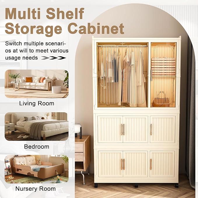 Kids Portable Wardrobe Closet Organizer with Magnetic Doors, 8 Cubes & 1 Hanging Rod, 6 PCS Hangers, Children's Plastic Wardrobe Closet for Bedroom Storage, Large Storage Cabinet