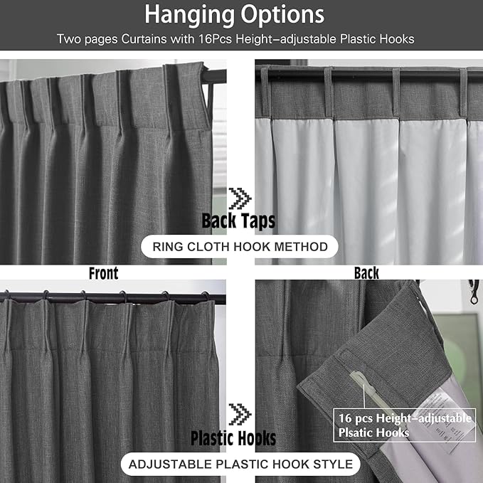 IVAPUPU Linen Pinch Pleated 100% Blackout Curtains for Bedroom - 2 Pages Black Out Grey Curtains 84 Inch Long 2 Panel for Living Room Darkening Thermal Window Curtain Drapes with 16pc Hooks