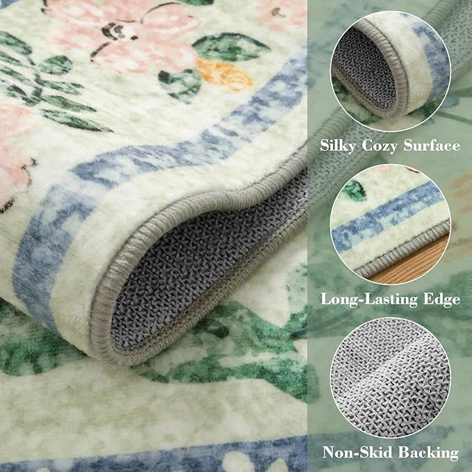 Wonnitar Machine Washable 5x7 Area Rug, Boho Floral Rugs for Living Room Non-Slip, Soft Pink and Green Flower Ultra-Thin Non Shedding Carpet for Bedroom Dining Room Nursery