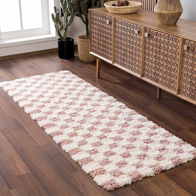 BoutiqueRugs Atira Modern Checkered Shag Runner Rug - High Pile Fluffy Shaggy Carpet for Hallway, Kitchen, Nursery, Playroom - Pink, Cream, White, Blush, Rose - 2'7" x 10' (2x10)