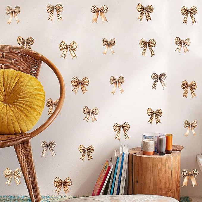 Watercolor Leopard Bow Wall Stickers, Cheetah Bow Knot Vinyl Wall Decals, Removable Bowtie DIY Wall Art for Girls Wowen Bedroom Living Room Decor