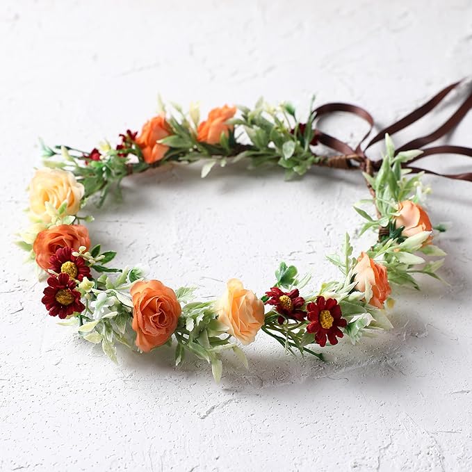 Floral Crown Women Girls - Orange Boho Floral Headpiece with White Green Leaves Charming Fairy Flower Headband for Wedding Photo Shoot Festivals