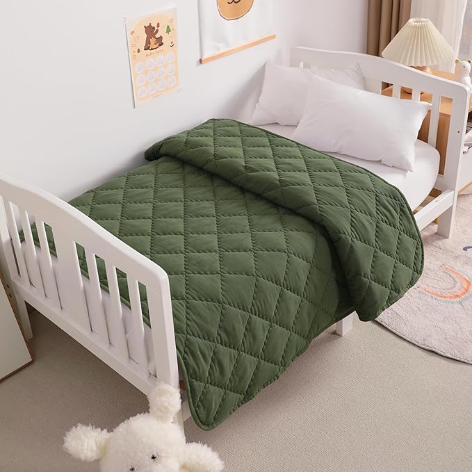 Down Alternative Oversized Toddler Comforter 43x60, Lightweight Warm Solid Color Baby Crib Quilted Blanket for Boys Girls, Olive Green