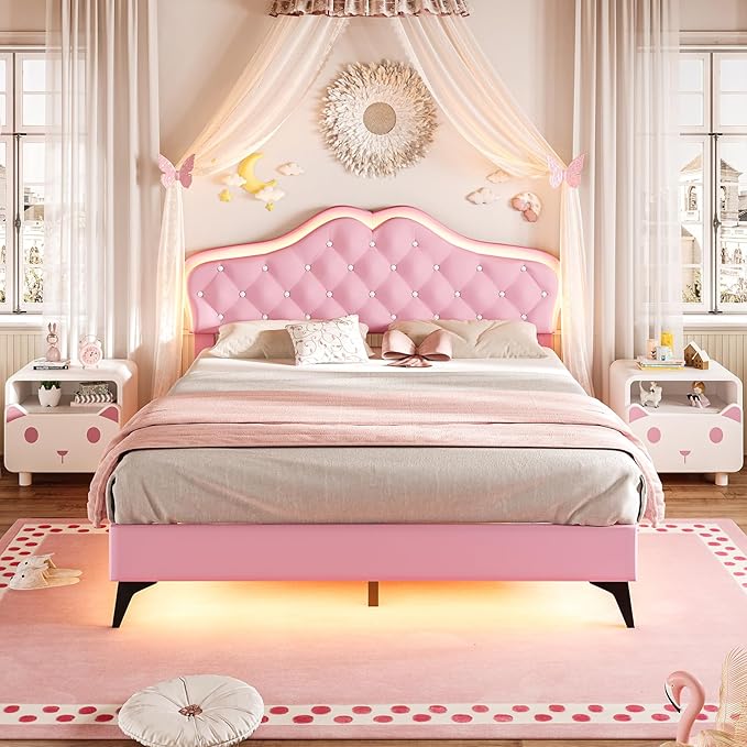 BTHFST Full Size Upholstered Bed Frame with LED Lights, Princess Platform Bed for Girls, Adjustable Headboard with Crystal Button, Solid Wood Slats Support, No Box Spring Needed, Pink