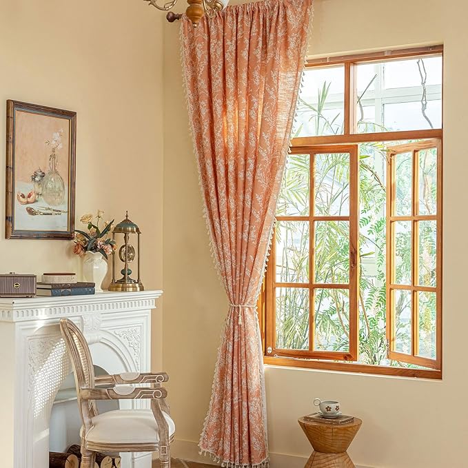 OYX Orange Boho Curtains 63 in Long with Tassel for Living Room,Semi Sheer Printed Floral Curtains, Rod Pocket Farmhouse Vintage Rustic Drapes for Bedroom, Home Decor 2 Panel Sets,Burnt Rustic Drapes