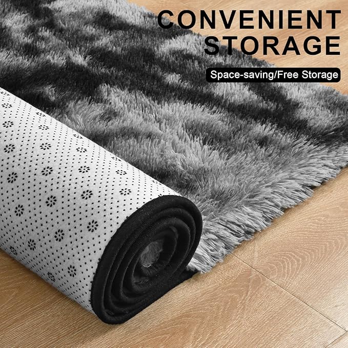 Merelax Modern Soft Fluffy Small Shaggy Rug for Bedroom Livingroom Dorm Kids Room Indoor Home Decorative, Non-Slip Plush Furry Fur Area Rugs Comfy Nursery Floor Carpet 7X10 Feet,Tie-Dyed Deep Grey