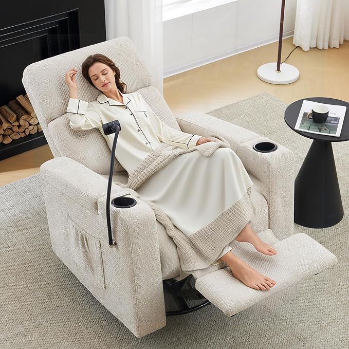 ABCASA Power Recliner Chair Swivel Glider Set of 2, Nursery Glider Recliner, Chenille Rocking Recliner Chair with Adjustable Phone Holder, Hidden Arm Storage, USB & Type-C for Living Room, Light Brown