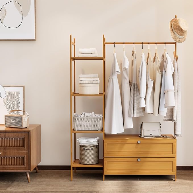 Bamboo Clothes Rack,Garment Rack with Drawers and Shelves,5 Tier Storage Shelves with 6 Hanging Hooks,Coat Rack Closet for Entryway Guestroom Kids Bedroom (39.4inch Width Natural)