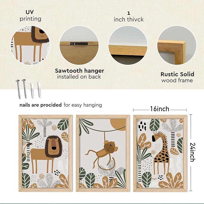 YWJKWLGS Kids Safari Animal Wall Decor, 3 Piece Nursery Art for Baby Room 16"x24" Jungle Theme Cute Lion Monkey Giraffe Prints Sign Wood Framed for Children's Room Toddler Bedroom Decoration (Wood)