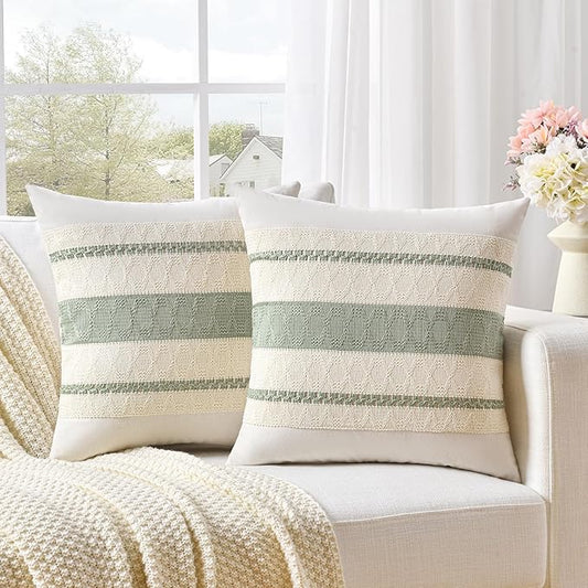 Fancy Homi Set of 2 Sage Green Boho Decorative Throw Pillow Covers 18x18 Inch for Living Room Bedroom Couch Bed Sofa Chair, Rustic Retro Cushion Case 45x45 cm, Bohemian Room Home Decor