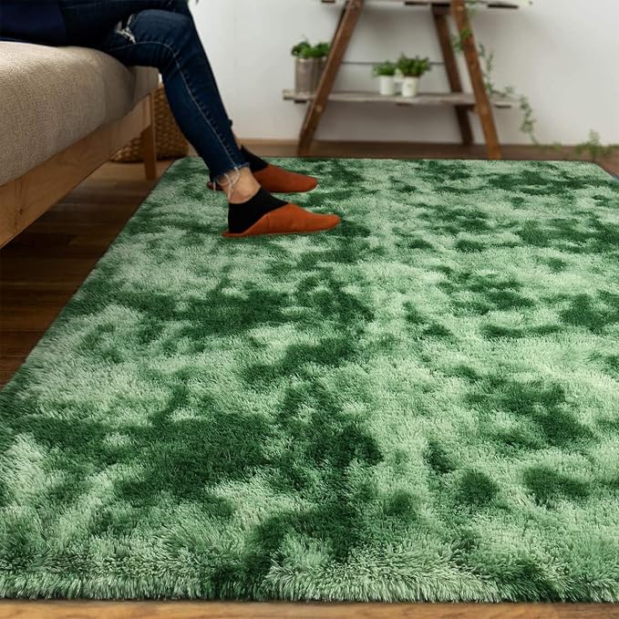 DweIke Fluffy Sage Green Shag Rugs for Bedroom Living Room, 3x5 Feet Soft Plush Tie-Dyed Mint Green Girls Boys Kids Rug, Non-Slip and Machine Washable Carpet for Dorm Nursery Classroom Decor