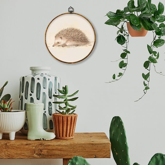 Hiuwevt Hedgehog Round Wall Art Decor, Vintage Jungle Animal Framed Canvas Prints, Neutral Animal Round Wall Hanging Decor for Nursery Bedroom Home Living Room Decorations, 10x10 Inches
