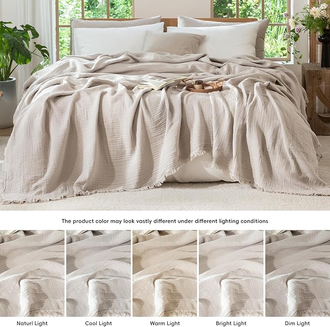 MooMee Muslin Blanket - 100% Cotton 4-Layer Gauze Throw Blanket with All-Around Fringe, Ultra-Soft Breathable Lightweight Cooling Decorative for Bed, Sofa & Couch (Cream Grey,Throw XL 50" x 70")