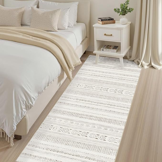 Boho Hallway Runner Rug 2.6x10: Soft Machine Washable Moroccan Farmhouse Runner for Entryway Kitchen Laundry - Non-Slip Morden Indoor Rug for Bedroom Bathroom - Light Brown/Cream