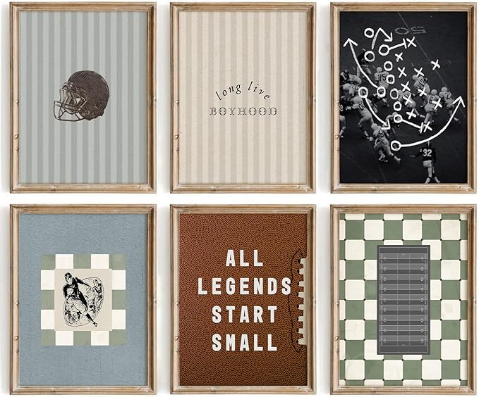 Vintage Football Nursery Wall Art Boys Room Sports Canvas Wall Decor Vintage Football Pictures Prints Boy Sports Posters Nursery Artwork Painting for Kids Toddler Bedroom 8x10 Inch Unframed Set of 6