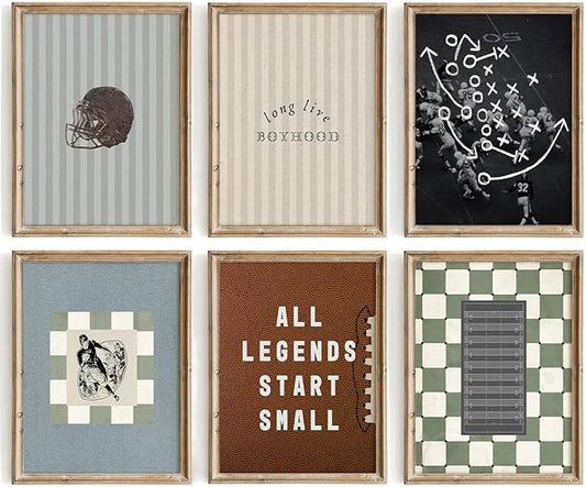 Vintage Football Nursery Wall Art Boys Room Sports Canvas Wall Decor Vintage Football Pictures Prints Boy Sports Posters Nursery Artwork Painting for Kids Toddler Bedroom 8x10 Inch Unframed Set of 6