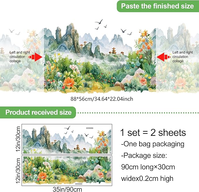 AM AMAONM Chinese Style Nature Mountain Landscapes View Wall Stickers Watercolor Green Plants Flowers Wall Decals 3D Peel and Stick Wall Art Decor for Nursery Home Wall Corner