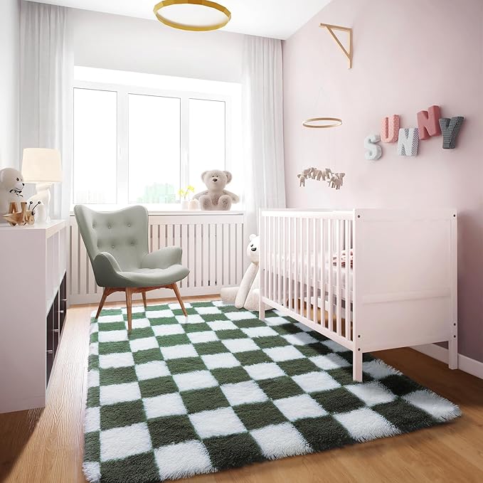 KICMOR Area Rugs for Bedroom Living Room, 4x6 Soft Fluffy Olive Green and White Checkered Shag Rug Fuzzy Shaggy Plush Bedside Carpet, Non-Slip Indoor Floor Rug for Boys Girls Room Nursery Home Decor