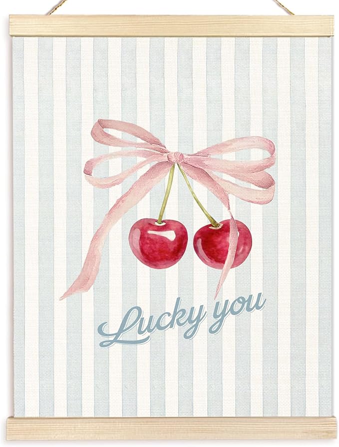 BESERH Lucky You Coquette Cherry Wall Art Posters, Preppy Cherry Wall Decor, Aesthetic Pink Bow Blue Striped Cherries Canvas Prints Artwork Framed for Girls Room Dorm Apartment, 12x16 Inch