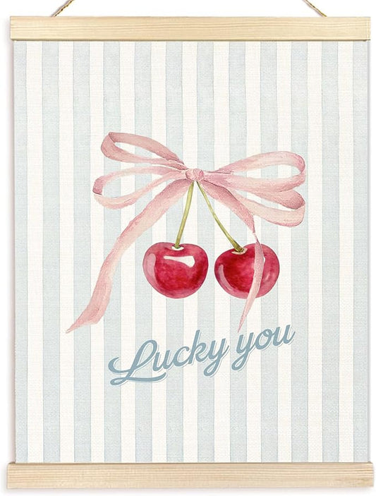 BESERH Lucky You Coquette Cherry Wall Art Posters, Preppy Cherry Wall Decor, Aesthetic Pink Bow Blue Striped Cherries Canvas Prints Artwork Framed for Girls Room Dorm Apartment, 12x16 Inch