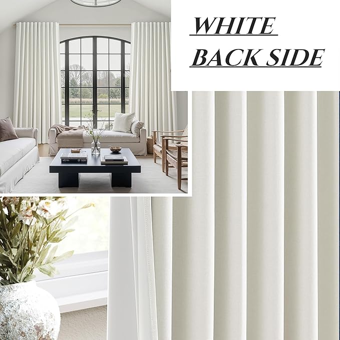 Cute Blackout Curtains 70 Inches Extra Wide Linen 84 Inch Length for Living Room/Sliding Glass Door,Pleated Heavy Duty Thermal Drapes for Winter Thick Large Window(70"Wx84"L 2 Panels Beige White)
