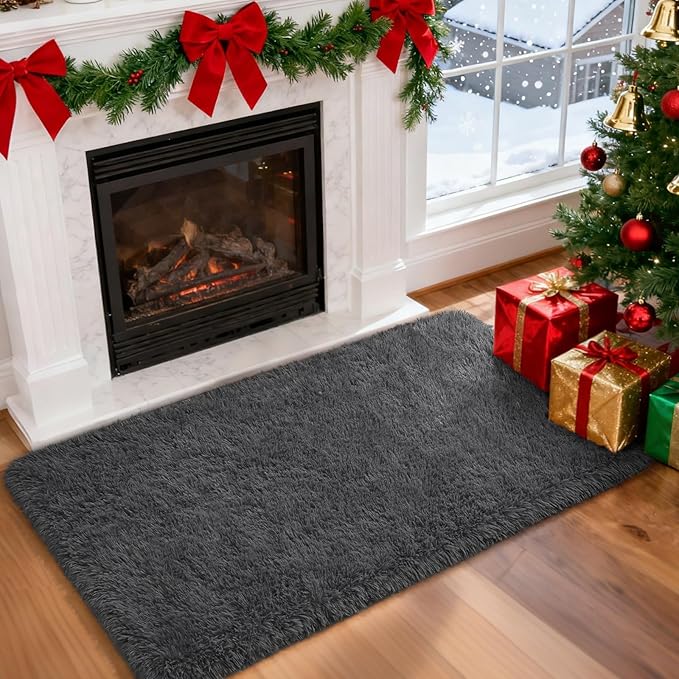 Merelax Fluffy Shaggy Small Area Rug, Dark Grey 2x4 Runner Rugs for Bedside Christmas Decor, Mini Fuzzy Plush Throw Rug, Soft Non-Slip Entryway Shag Catpet for Livingroom Holiday Home Aesthetic