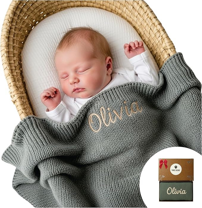 Personalized Baby Blanket - 100% GOTS Certified Organic Cotton - Custom Baby Blanket for Boys and Girls - Embroidered Swaddle, Customized Baby Name Blankets (Green)