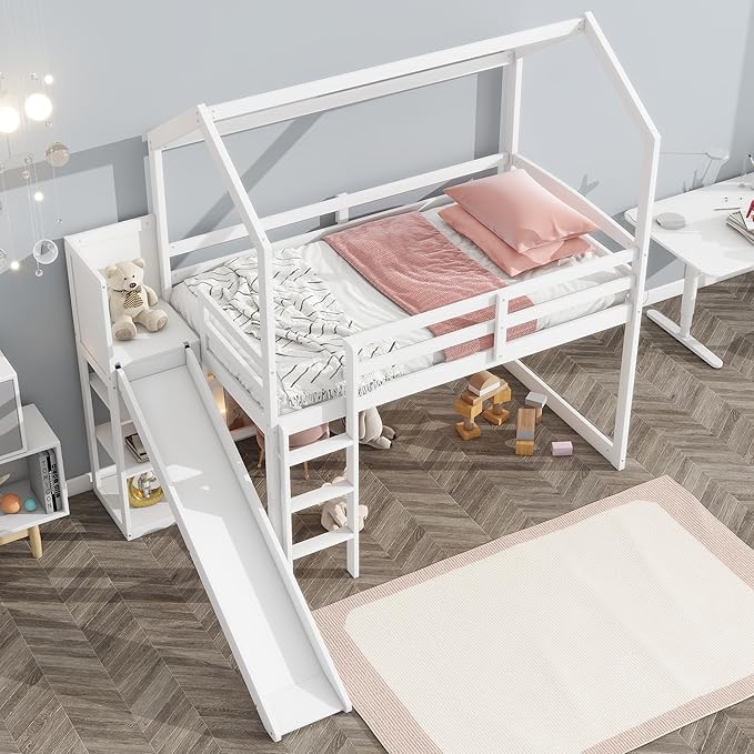Flieks Twin Size Wood House Loft Bed Frame for Boys Girls Kids Adults Toddler with Slide, Storage Shelves and Light, White
