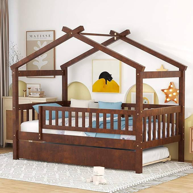 Merax Twin Size Wooden House Bed with Twin Size Trundle, Wood Bed Frame with Roof and Safety Guardrail for Kids, Teens, Boys or Girls, Walnut