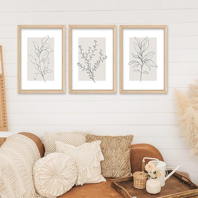 YWJKWLGS Neutral Botanical Prints Framed Wall Art Decor 11x16 Inch Set of 3 Boho Plant pictures Sign minimalist Vintage for Bedroom Office bathroom Wall Hanging (Wood)