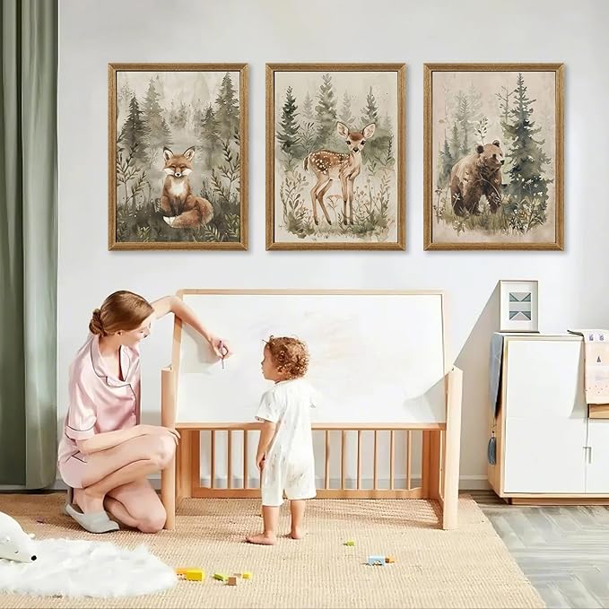 ICHZUMW Woodland Nursery Decor Wall Art Set of 3, Cute Forest Animals Canvas Prints Bear Fox Deer Pictures, Nature Watercolor Paintings for Baby Room Kids Bedroom Playroom, Neutral Artwork, 12x16in