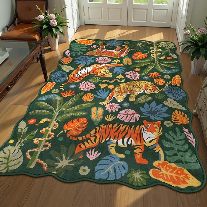 LEEVAN 5x7 Animal Area Rugs Washable Green Tiger Living Room Rugs Non Slip Scalloped Tiger Bedroom Rug Low Pile Leopard Nursery Floor Carpet Jungle Leaf Print Kids Rug