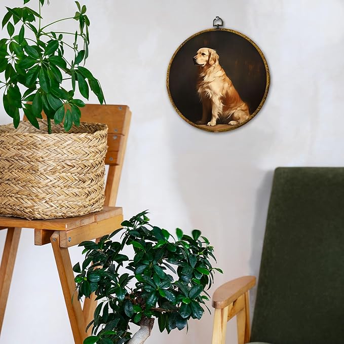 Hiuwevt Vintage Golden Retriever Round Wall Art Decor, Golden Retriever Gifts Framed Canvas Prints, Moody Farmhouse Dog Round Wall Hanging Decor for Bedroom Living Room Decorations, 10x10 Inches