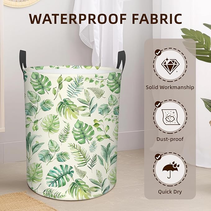 Green Laundry Hamper Boys Baby, Collapsible Nursery Laundry Basket for Bedroom, Round Waterproof Storage Bin with Handles for Toys, Storage Basket for Bathroom, Nursery Room Decor, 13.8x17.7in