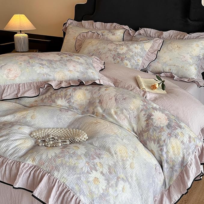 HighBuy Ruffle Floral Linen Duvet Cover Twin Size,Chic Cottagecore Pure French Yarn-Dyed Cotton Linen Comforter Cover Set 3 Piece Coquette Farmhouse Bedding for Teen College,Breathable Durable