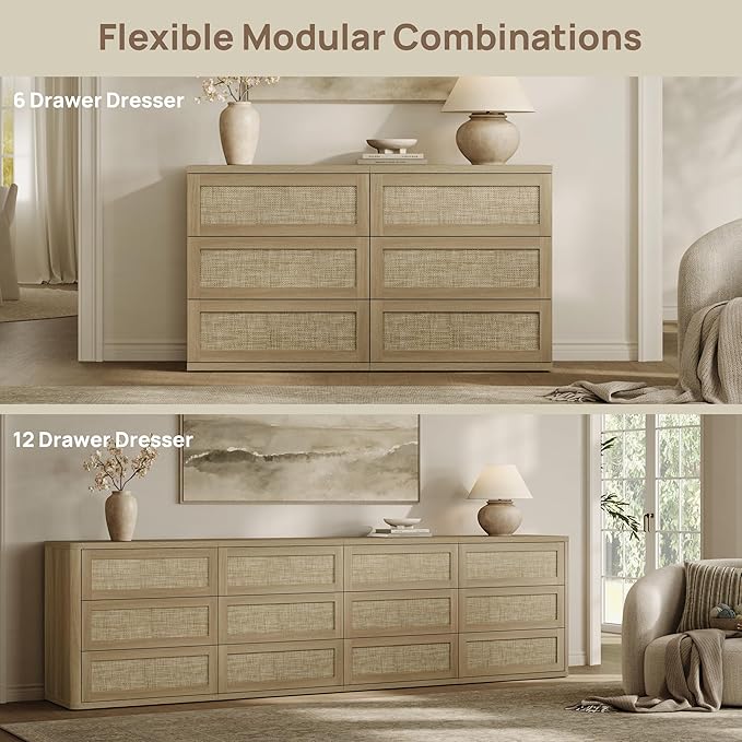 SICOTAS Dresser for Bedroom - 6 Drawer Dresser for Nursery 50" Wide Rattan Dressers & Chests of Drawers Boho Drawers for Bedroom Living Room Clothes Large Closet Storage for Closet Hallway Entryway