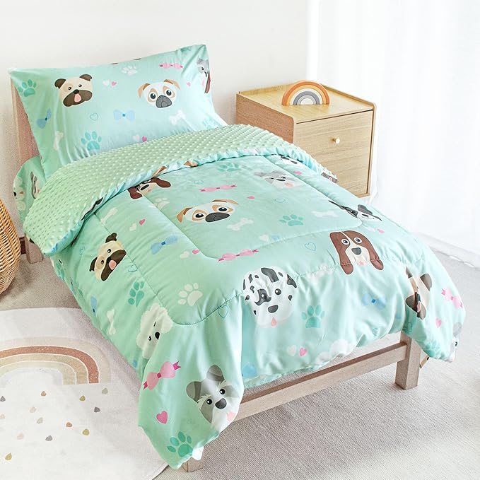 TinyPalsa Toddler Bedding Set, 4-Piece Puppy Dog Comforter Set for Girls and Boys, Breathable Crib Bedding Includes Ultra-Soft Plush Minky Comforter, Flat and Fitted Sheets, and Reversible Pillowcase